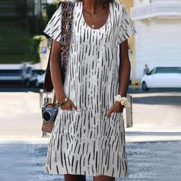 Casual Dresses White Black Stripe Print Women Long O Neck Short Sleeve With Pockets Loose Office 2023 Summer Boho Maxi Dress Vestidos