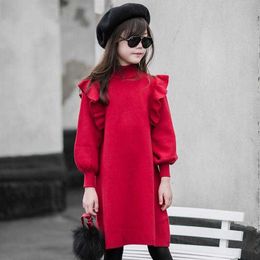 Girl's Dresses Children Kids Girls Clothes Red Spring Knitted Ruffles Teen Girl's Long Sleeve Sweater Dresses 4 5 6 7 8 9 10 11 12 13 14 Years