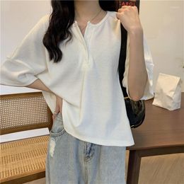 Women's T Shirts 2023 Summer Women Half Sleeve T-Shirt Female Casual Buttons O-neck Tee Shirt Ladies Loose Solid Colour Tops S25