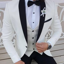 Men's Suits White Groom Tuxedo For Wedding With Black Shawl Lapel Slim Fit Men 3 Piece Male Fashion Jacket Vest Pants Latest Coat