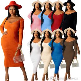 2023 Women Long Sleeve Maxi Dresses Spring Autumn Fashion Ribbed Knitted Sweater Skirt Sexy Off Shoulder Bodycon Dress