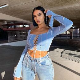 Women's Polos 2023 Ins Autumn Off Shoulder Bandage Open Navel Horn Split Long Sleeve Bottom Top