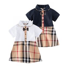 Baby Girls Plaid Dresses Newborn Turn-down Collar Toddler Short Sleeve Infant Girl Stitching Skirts