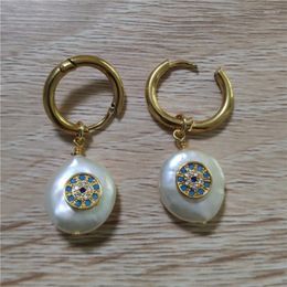 Hoop Earrings Handmade Jewelry Mint CZ Paved Blue Eye Evil Protection Charm Freshwater Pearl Bead Pendant Stainless Steel Women Earring