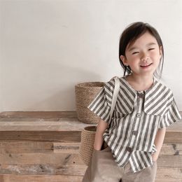 Kids Shirts Girls summer striped linen cotton shirts Baby girl Lapel short sleeve Tops 230321