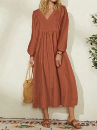 Casual Dresses Cotton Linen Solid Color Casual Long Dress Spring Women's Lantern Sleeve Dress Elegant Retro Fashion Party Dresses 230321