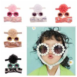 3pcs/lot Baby Girls Sunglasses Headband Set Chiffon Flower Rabbit Ear Bows Kids Headwear Sunflower Glasses