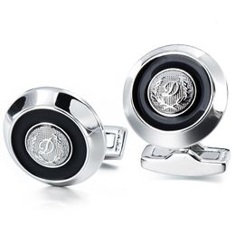 Cuff Links 12 mm HAWSON D Initial Alphabet Letter Cufflinks Fashion Round Men's Cuff Links Button with Black Enamel button up shirt Jewellery 230320