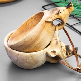 Mugs Hand Carved Kuksa Wooden Coffee Mug Animal Head Handle Camping Water Cup Scandinavian Juice Milk Tea Drinking Drinkware