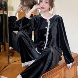 Women's Sleepwear Golden Velvet Pyjamas Women's Long Sleeved Spring Autumn Style Small Fragrant Cardigan High-End Home Clothes Suit