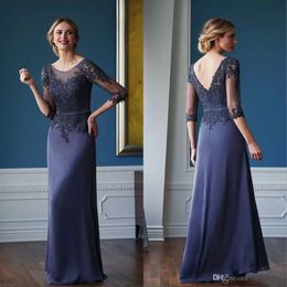Backless Mother Of The Bride Dresses 3/4 Long Sleeve A Line Evening Dress Lace Appliqued Beaded Formal Gowns