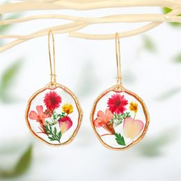 S03529 Retro Transparent Resin Natural Dried Flowers Dangle Earrings DIY Dripping Glue Eternal Flower Hoop Earrings