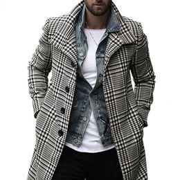 Men's Wool Blends Mens Fashion Plaid Checked Trench Coat Slim Fit Streetwear Overcoat Single Breasted Outwear Windbreaker 230321