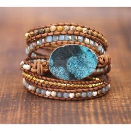 Charm Bracelets Women Leather Bracelet Unique Mixed Natural Stones Gilded Stone Charm 5 Strands Wrap Bracelets Handmade Boho Bracelet 230320