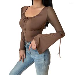 Women's T Shirts 2023 Woman's Sexy Solid Colour Base Top Round Neck Long Flared Sleeve Mesh Splicing Slim T-shirt Daily Life