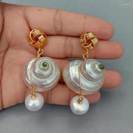 Stud Earrings KKGEM Cultured White Pearl Natural 26x23mm Spiral Shell Dangle