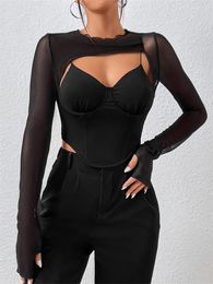 Women's T Shirts Women Bodycon Crop Top Shirt Long Sleeve Solid Color Round Neck Cutout See-Through Mesh Basic Corset Tops Streetwear