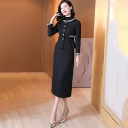 Work Dresses Women Woollen Skirt Suits Spring Autumn Gently Romantic Black Slim Wool Jacket And Fashion One-step Two-pieces Sets