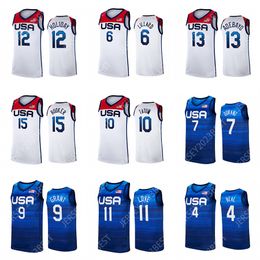 Equipe EUA Tóquio 2021 basquete 7 camisetas Durant 15 Booker Summer Azul escuro Branco Damian 6 Lillard Kevin Jayson 10 Tatum Devin Masculino Feminino Juventude