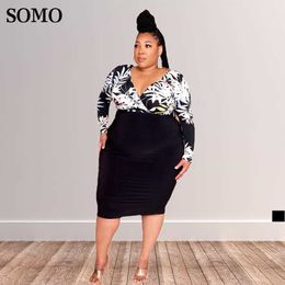 Plus Size Dresses Somo Spring Clothes Sexy v Neck Women Hip Wrap Fashion Printed Midi Dress Wholesale Dropshipping 230307