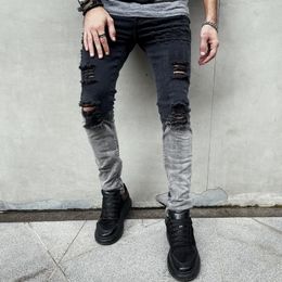 Men's Jeans Casual Denim Slim Zipper Black Hole Painted White Stretch Pencil Pants Ripped For Straight Full Length 230320