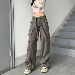 Women's Pants Capris Retro gray overalls wide leg cargo women pants women's trousers sexy low waist loose casual trousers vintage streetwear 230321