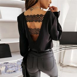 Women's Blouses Autumn Elegant V-neck Backless Lace Patchwork Shirt Top Women Solid Casual Loose Long Sleeve Pullover Blouse Chiffon Black