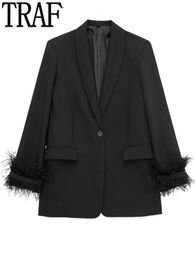 Women's Suits Blazers TRAF Black Feather Women Button Fashion Woman Casual Elegant Womens Jackets Long Sleeve Winter Coats 230321