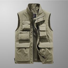 Men's Vests Spring Summer Sleeveless Jacket Multipocket Outdoor Mesh Fishing Reporter Tooling Cutsleeve Slim Coat 230320