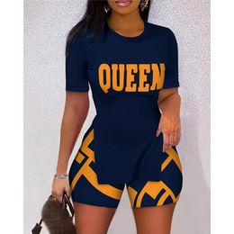 Women's Tracksuits Women Letter Print Split Hem Top Colorblock Shorts Set Summer Fashion Femme O-neck Two Pieces Outfits Streetwear Set 230320