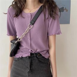 Women's T Shirts Women's Short-sleeved Knitted Ice Silk Cardigan T-shirt Thin Summer Elasticity Wooden Ears Short Top