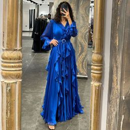 Party Dresses Blue ALine Puffy Sleeve Floor Length With Belt Deep V Neck Chiffon Illusion Wedding Gowns 230320