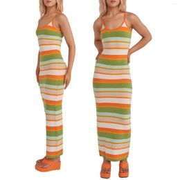 Casual Dresses Womens Knitted Dress Colour Patchwork Sleeveless Scoop Neck Strappy Bodycon OnePiece For Ladies S/M/L