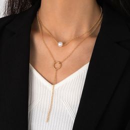 Charms Pearl Stone Long Chain Necklace for Women Simple Geoemtry Alloy Metal Multilayer Choker Jewellery Collar