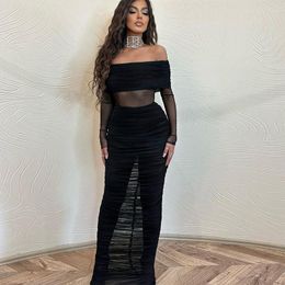 Casual Dresses Wepbel See-through Mesh Midi Dress Women Strapless Stitching Long Sleeve Sexy Party Gathering Off Shoulder Pleated