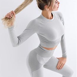 Active Sets 2 Pieces Ribbed Seamless Long Sleeve Crop Top High Waist Tummy Control Yoga Leggings Set For Women Quick Dry Workout Suit