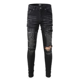 Mens jeans designer jeans for mens AM fashion brand letter motorcycle pants vintage multi pockets slim fit elastic wrinkled patched stacked jeans men black Colour