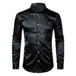 Men's Casual Shirts Black Slim Fit Silk Dress Shirt Men Satin Smooth Tuxedo Business Wedding Prom Male Chemise Homme