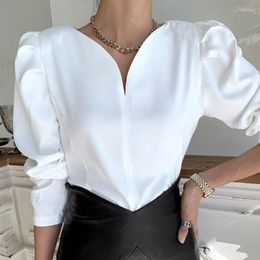 Women's Blouses Puff Sleeve Office Lady White Tops V-neck Long Women Blouse Spring Korean Chic Casual Woman Shirts Blusas Mujer 12899