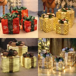 Other Event Party Supplies 15/20/25cm 3pcs/Set Hollowed Out Christmas Decoration Led Gift Box With Bow 220V 100 Lights Iron Box Year Home Party Supplie 230321
