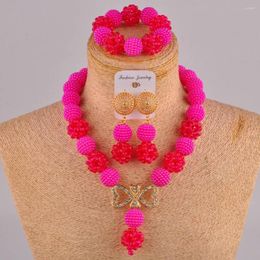 Necklace Earrings Set Est Fashionable Fuchsia Pink Costume African Nigerian Beads ZZ26