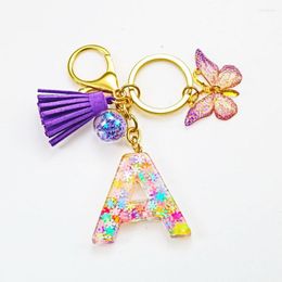 Keychains Colourfully Snowflake Sequin Filled Resin Letter Keychain With Purple Tassel Pendents Women Bag Accessories Butterfly Keyring