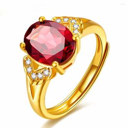 Cluster Rings 14k Gold Color Red Crystal Ruby Gemstones Zircon Diamonds For Women Jewelry Bijoux Bague Wedding Band Party Romantic Gift