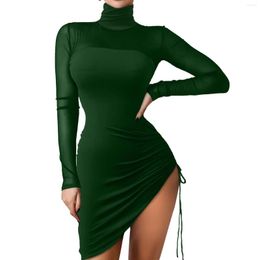 Casual Dresses Vintage Dress Women's Temperament High Waist Fashion Glitter Split Hems Contrast Mesh Dressturtleneck Long Sleeve Party