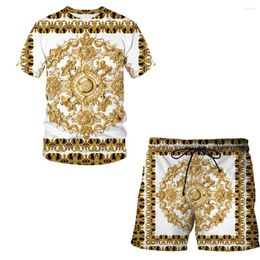 Men's Tracksuits Luxury Golden Flower 3d Printed Casual Jogger Pants 2pc Men's Sets Summer Fashion Trend Tracksuit Oversized Board