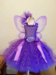 Girl's Dresses Girls Purple Butterfly Flower Tutu Dress Kids Glitter Tulle Dress Ball Gown with Wing Children Birthday Party Come Dresses
