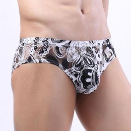 Underpants Lace Briefs For Male Flower Printed Convex Pouch Men Perspective Mesh Panties Sexy Mens Underwear Tanga HombreUnderpants