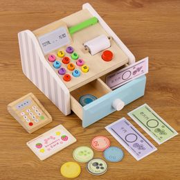 Other Toys Wooden Simulation Cash Register Pretend Mini Simulated Supermarket Kits Montessori Educational Toy Gifts 230320