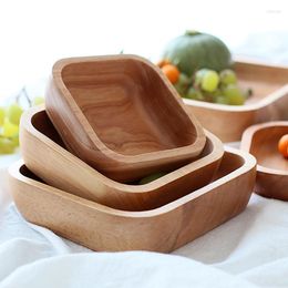 Bowls 1Pc Square Wood Bowl 4 Sizes Salad Set Large Small Wooden Plate Snack Dessert Serving Dishes Container Tableware