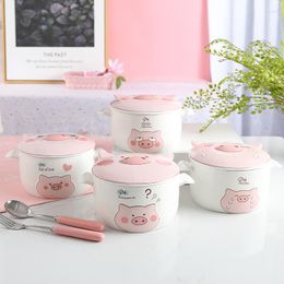 Bowls Cute Pig Pattern Ceramic Instant Noodle Bowl Fruit Salad With Lid Anti-Scalding Ramen Kitchen Tableware